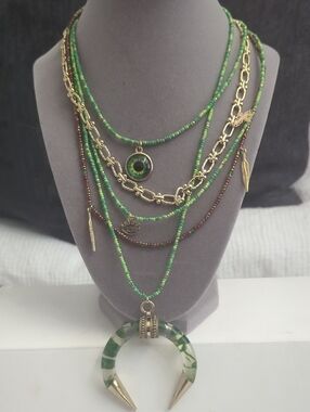 Multi-Strand Green Bead Crescent Pendant Necklace - Women Jewelry